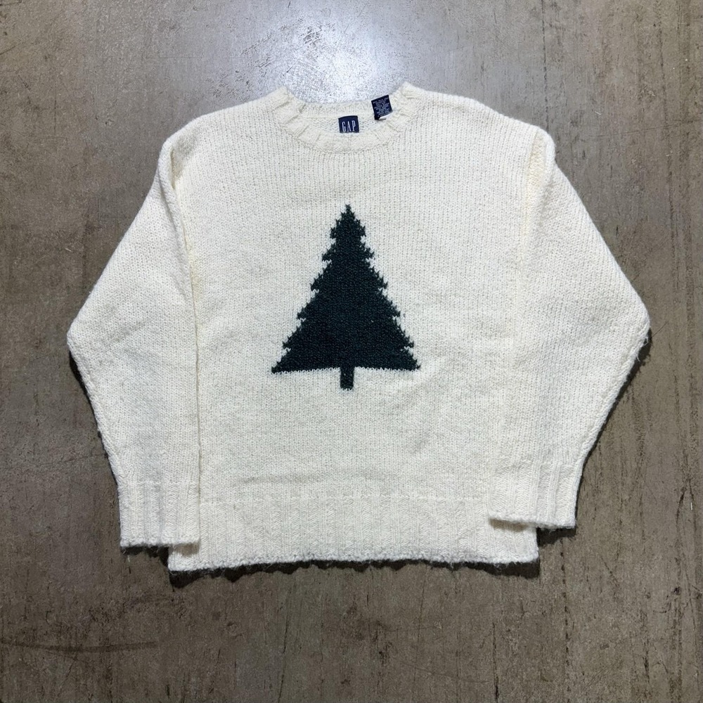Vintage GAP Sweater Mens 2XL White Christmas Tree Knit Crewneck Pullover Holiday